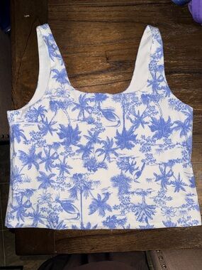 a new day White Crop Tank with Light Blue Tropical Print